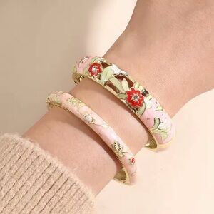 Pink Enamel Floral Bangle Bracelets w/ Rhinestone Accents & Hinged Closure